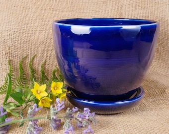 Jardinière et soucoupe en cobalt profond