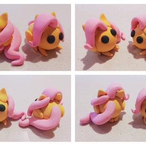 May include: Four images of handmade clay figurines. Each figurine is yellow with pink hair and black eyes. The figurines are in various poses, some standing and some lying down. The overall theme is a cartoon character.