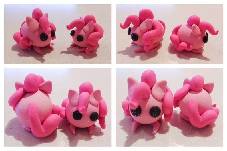 May include: A collection of four images showcasing two handmade pink clay figures. Each figure has a rounded body, small legs, and large, expressive black eyes. The figures have various curled appendages and a topknot.