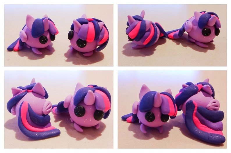 May include: Four views of handmade clay figurines. The figures are in the shape of a pony with purple, pink, and blue details. The ponies have large black eyes and are posed in different positions.