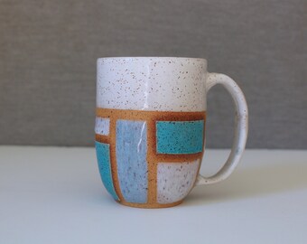 Large Handmade Ceramic Blue Mug, Speckled, Geometric Color Block Modern Mug, 16 oz Coffee/Tea Mug, Colorful Mug