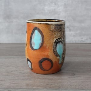 Handmade Soda Fired Ceramic Tumbler: Geometric Turquoise Mug, 10 oz