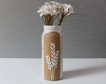 Handmade Tall Ceramic Flower vase,  Speckled, White modern pottery, Wheat Rustic Vase, Minimalistic, Neutral Colors, Mothers Day Gift