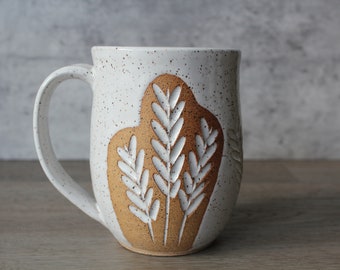 Large Flower Handmade Pottery Mug, Coffee Lover Mug, Gift for Her/Mom, Speckled Ceramic mug, 16 oz Coffee mug, Modern mug, White - Modern