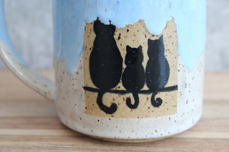 Ceramic Handmade Cat Family mug, Handmade mug, Ceramic Black Cat mug, Blue Coffee mug, Cat Lover Gift Bild 6