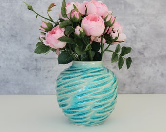 Round Ceramic Blue Vase, Handmade Turquoise Flower Vase, Rustic Decor, Minimalist Ceramics, Flower vase, Modern Vase, Blue Flower Vase