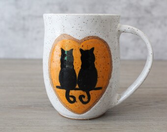 Valentine Handmade Cat Heart Pottery Mug, Speckled Ceramic mug, 16 oz Coffee mug, Modern mug, Black and White Cat- Cat lover gift