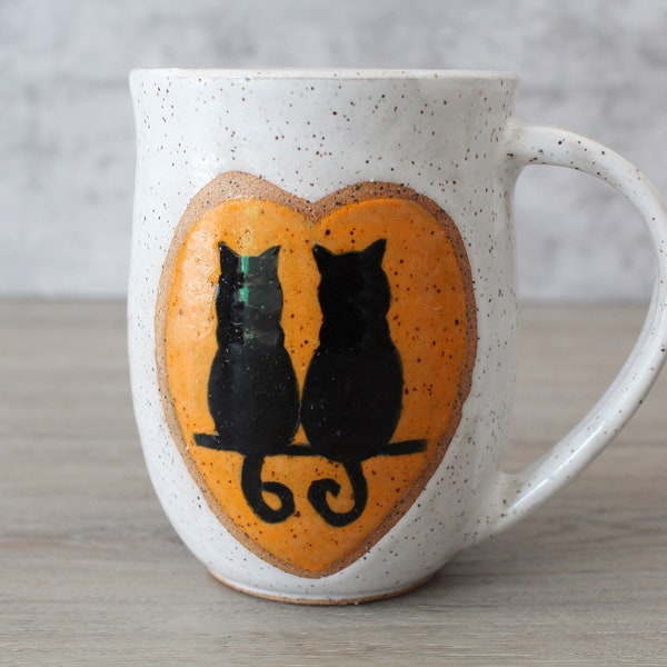 Valentine Handmade Cat Heart Pottery Mug, Speckled Ceramic mug, 16 oz Coffee mug, Modern mug, Black and White Cat- Cat lover gift