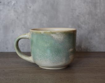 Handmade Green White  Ceramic Cappuccino Mug, 10 oz Coffee Mug
