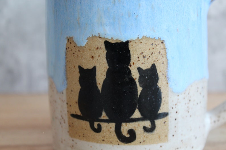 Ceramic Handmade Cat Family mug, Handmade mug, Ceramic Black Cat mug, Blue Coffee mug, Cat Lover Gift Bild 5