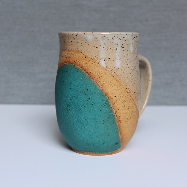 Large Handmade Ceramic Blue Green Turquoise Mug, Speckled, Minimalist White Modern Mug, 20 oz Coffee/Tea Mug, Colorful Mug, Mothers Day Gift