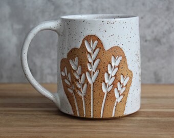 Large Flower Handmade Pottery Mug, Coffee Lover Mug, Gift for Her/Mom, Speckled Ceramic mug, 15 oz Coffee mug, Modern mug, White - Modern