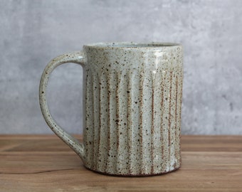 Large White Carved Handmade Pottery Mug, Speckled Ceramic mug, 15 oz Coffee Tea mug, White Modern Minimalist Mug, Gift for Mom