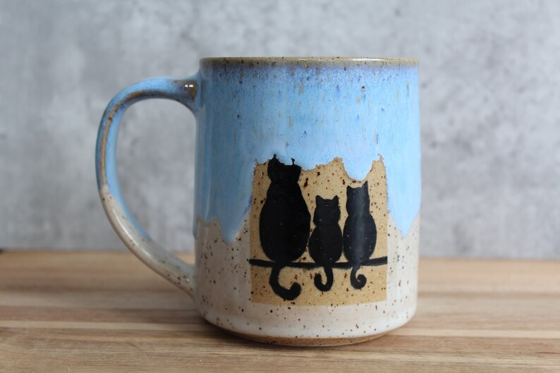 Ceramic Handmade Cat Family mug, Handmade mug, Ceramic Black Cat mug, Blue Coffee mug, Cat Lover Gift Bild 3