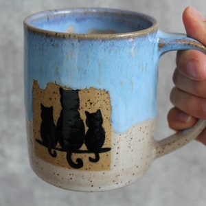 Ceramic Handmade Cat Family mug, Handmade mug, Ceramic Black Cat mug, Blue Coffee mug, Cat Lover Gift Bild 4