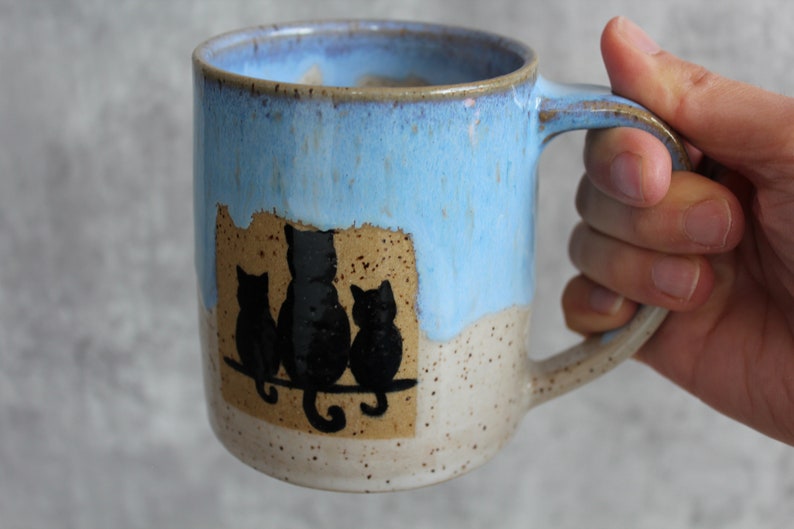 Ceramic Handmade Cat Family mug, Handmade mug, Ceramic Black Cat mug, Blue Coffee mug, Cat Lover Gift Bild 4
