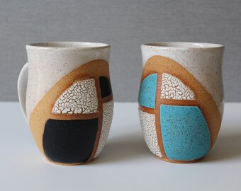 Ceramic Blue-Black-White Mug, Large Handmade Mug, Speckled, Minimalist Modern Mug, 20 oz Coffee/Tea Mug, Colorful Mug. Mothers Day Gift