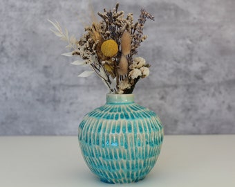 Handmade Blue Ceramic Carved bud vase, Turquoise pottery, Round Flower Vase, Minimalistic, Blue Vase