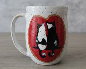 Valentine Handmade Cat Heart Pottery Mug, Speckled Ceramic mug, 16 oz Coffee mug, Modern mug, Black and White Cat- Cat lover gift