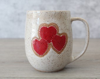 Valentine Handmade Heart Pottery Mug, Speckled Ceramic mug, 16 oz Coffee mug, Modern mug, Red- White - Modern