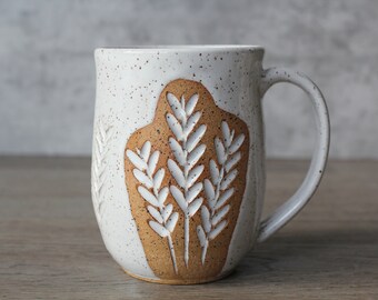 Large Flower Handmade Pottery Mug, Speckled Ceramic mug, 16 oz Coffee mug, Modern mug, White - Modern