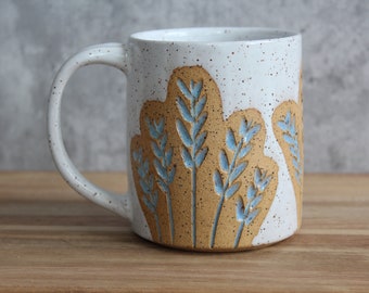 Large Flower Handmade Pottery Mug, Coffee Lover Mug, Gift for Her/Mom, Speckled Ceramic mug, 15 oz Coffee mug, Modern mug, White - Modern