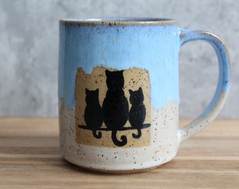 Ceramic Handmade Cat Family mug, Handmade mug, Ceramic Black Cat mug, Blue Coffee mug, Cat Lover Gift