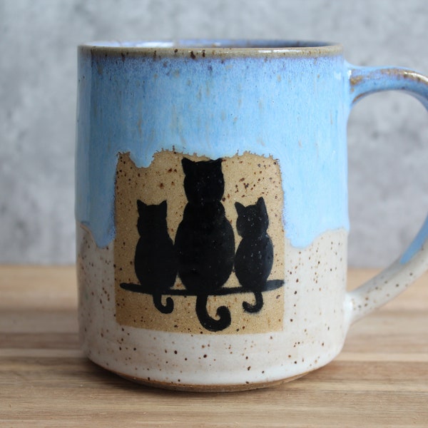 Ceramic Handmade Cat Family mug, Handmade mug, Ceramic Black Cat mug, Blue Coffee mug, Cat Lover Gift