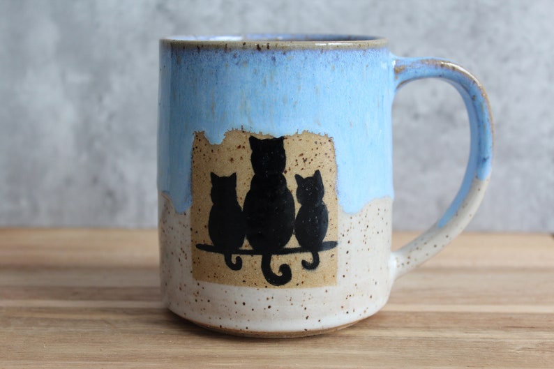 Ceramic Handmade Cat Family mug, Handmade mug, Ceramic Black Cat mug, Blue Coffee mug, Cat Lover Gift Bild 1