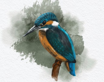 水彩画の鳥、今すぐ印刷、青とオレンジの鳥、水彩画