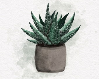水彩画のコンクリート多肉植物、即時ダウンロード印刷
