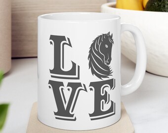 Love Horses Mug, Equestrian Coffee Cup, Horse Lover Gift, Horse Graphic, Equestrian Decor