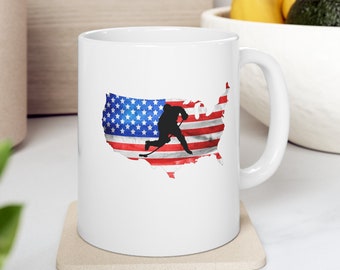 Hockey Player Mug with American Flag Design, Patriotic Cup, Gift for Hockey Fan, Red White and Blue Mug, USA Hockey Lover