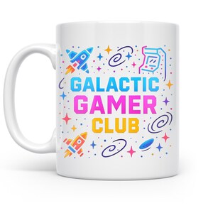 Galactic Gamer Mug: Retro Space Arcade Pixel Art, Ceramic 11oz