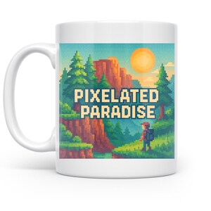 Pixelated Paradise Mug, Retro Gamers Gift, 8 Bit Nostalgia, Colorful Arcade Decor, Dishwasher Safe, Microwave Friendly Drinkware