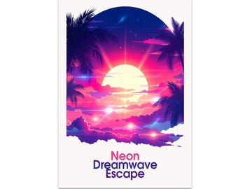 Neon Sunset Wall Art, Palm Outline Poster, Neon Dreamwave, Retro Futuristic