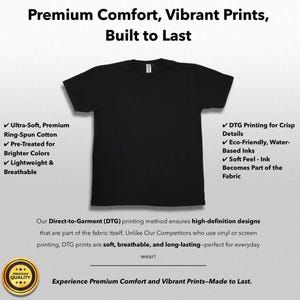 a black t - shirt with the words premium comfort, vibrant prints, built to