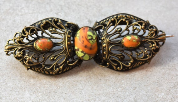 Bohemian Czech Art Glass & Filigree Antique Brooch - image 3