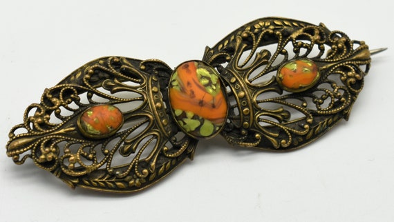 Bohemian Czech Art Glass & Filigree Antique Brooch - image 8