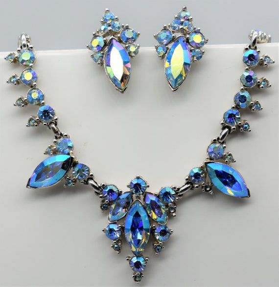 Vintage Bogoff Blue Aurora Borealis Necklace and Earring Set