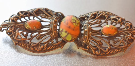 Bohemian Czech Art Glass & Filigree Antique Brooch - image 2