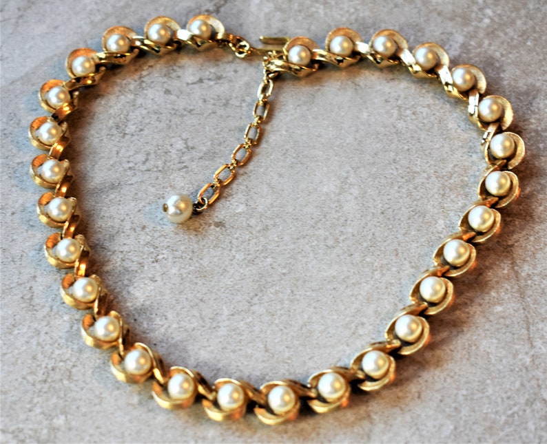 Crown Trifari Goldtone Necklace With Faux Pearls, Vintage 1960s Etsy