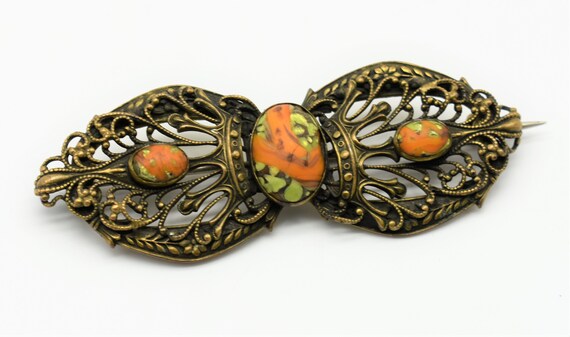 Bohemian Czech Art Glass & Filigree Antique Brooch - image 1