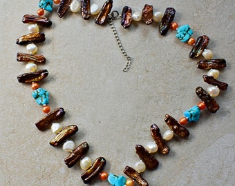 Pearl, Turquoise and Shell Necklace 925 closure