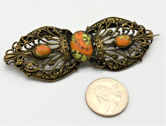 Bohemian Czech Art Glass & Filigree Antique Brooch - image 5