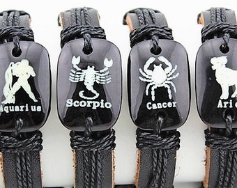 Black Zodiac Leather Bracelets