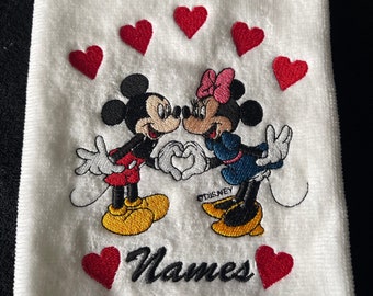 Mickey Minnie Hearts Love Personalized Mickey & Minnie Hand Towel: Embroidered Cotton Gift-Kitchen or Bathroom Decor