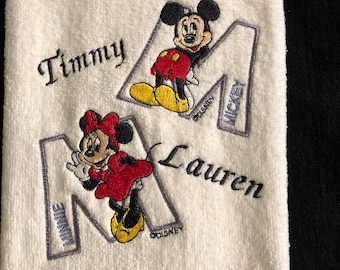 Mickey & Minnie Personalized Hand Towel: Embroidered Cotton Gift With Name, Date-Kitchen Decor, Bath Decor, Kids Decor-Custom Made To Order