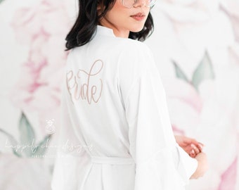 White ruffle sleeve bride robe- bridal getting ready robe- personalized wedding day robe bride to be- gift for bride- mrs robe bridal shower