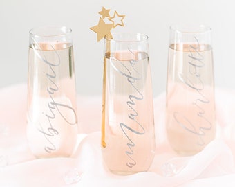 Personalized Champagne Flutes for bridesmaids- bridesmaid proposal gift box idea- champagne glasses- bridal party gifts- silver stemless